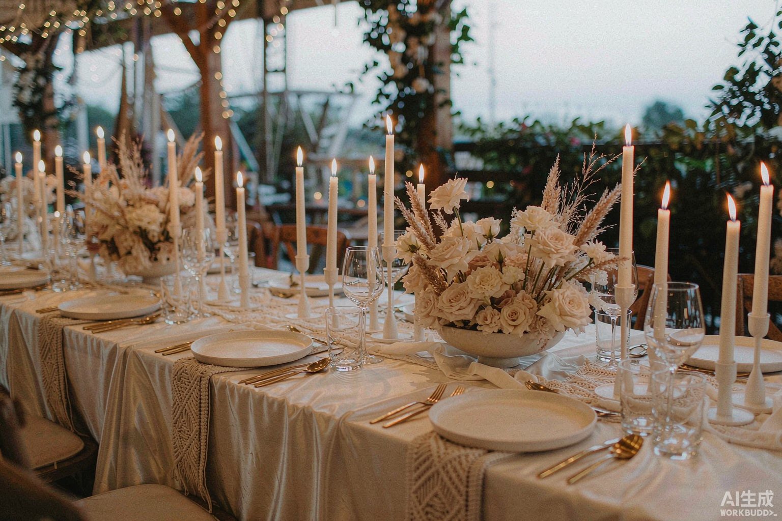 A candlelit wedding table at dusk