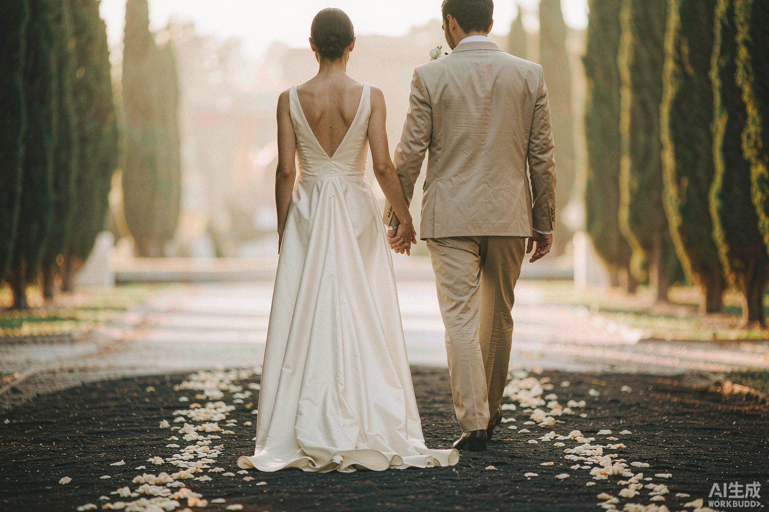 Newly married couple walking down the aisle