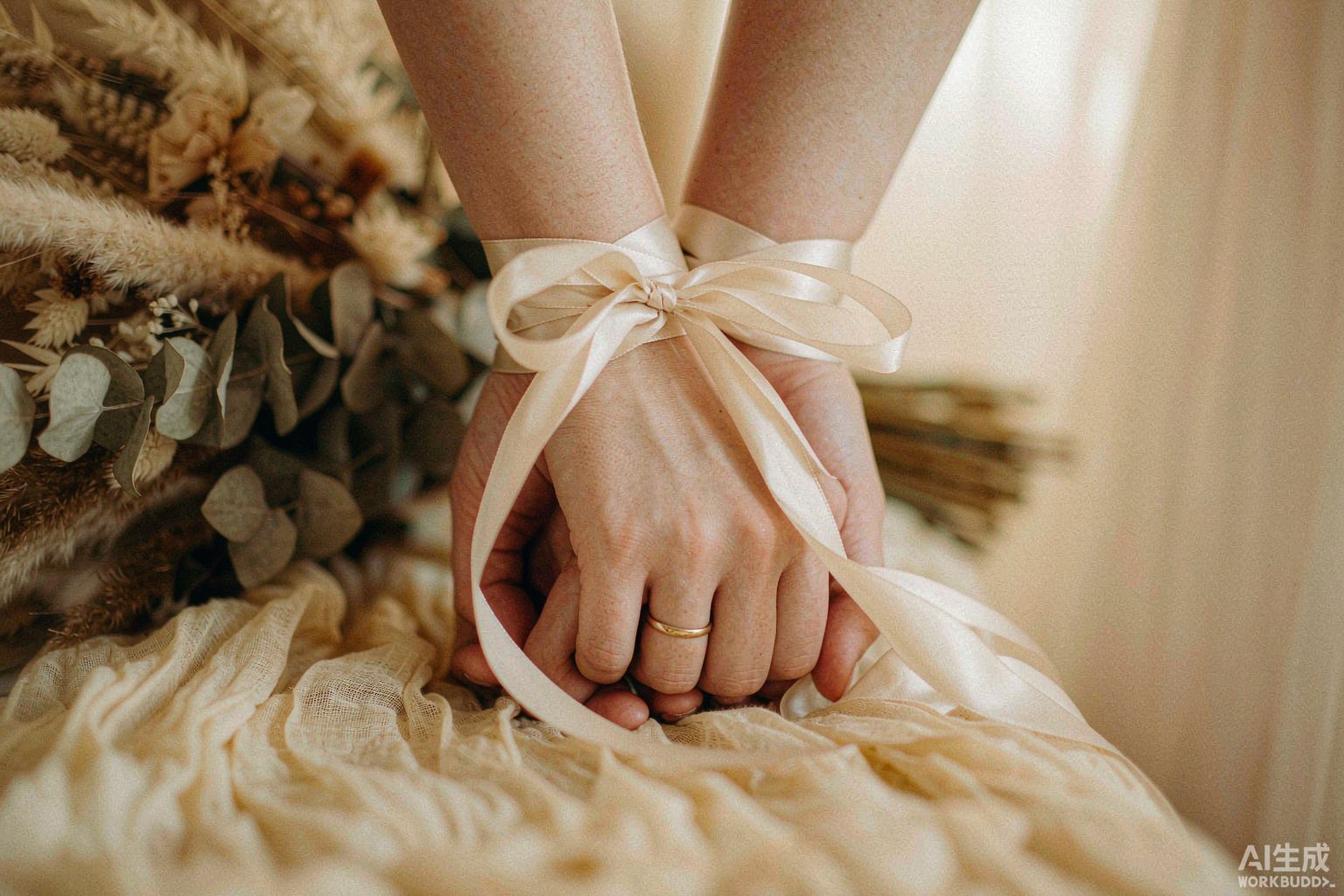 Hands bound with ivory silk ribbon during a handfasting ritual
