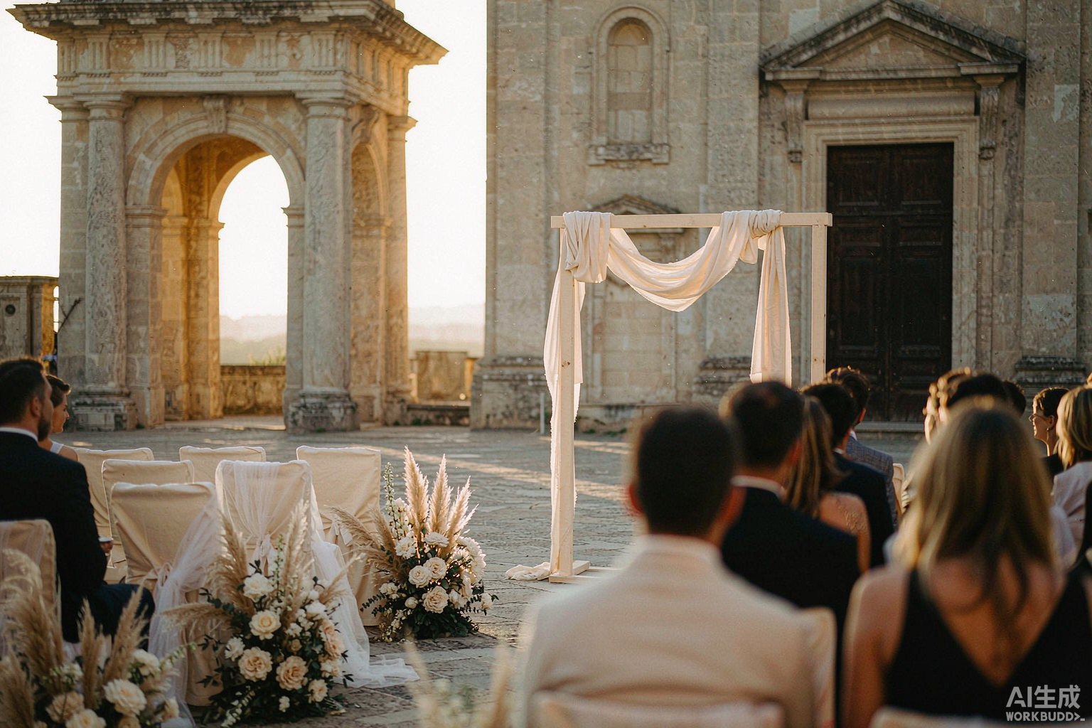 An outdoor wedding ceremony at a stone estate at golden hour